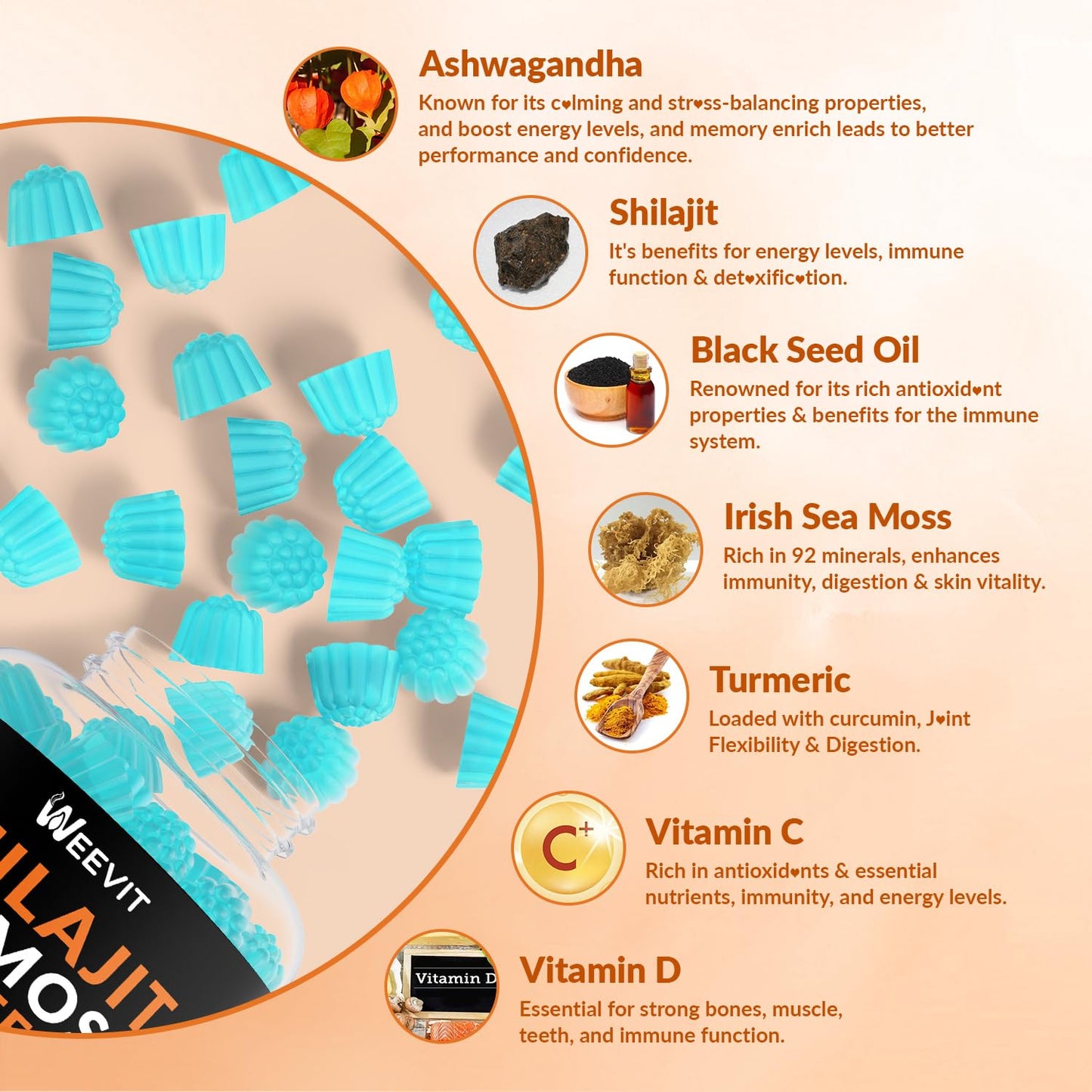 Shilajit Sea Moss Ashwagandha Gummies with Turmeric, Vitamin C & D3 – Immune Support & Energy