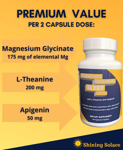 Shining Solace Magnesium Glycinate Sleep Stack with 200 mg L-Theanine, 50 mg Apigenin, 175 mg of Elemental Magnesium Glycinate | Sleep Support Magnesium Supplement | Made in USA