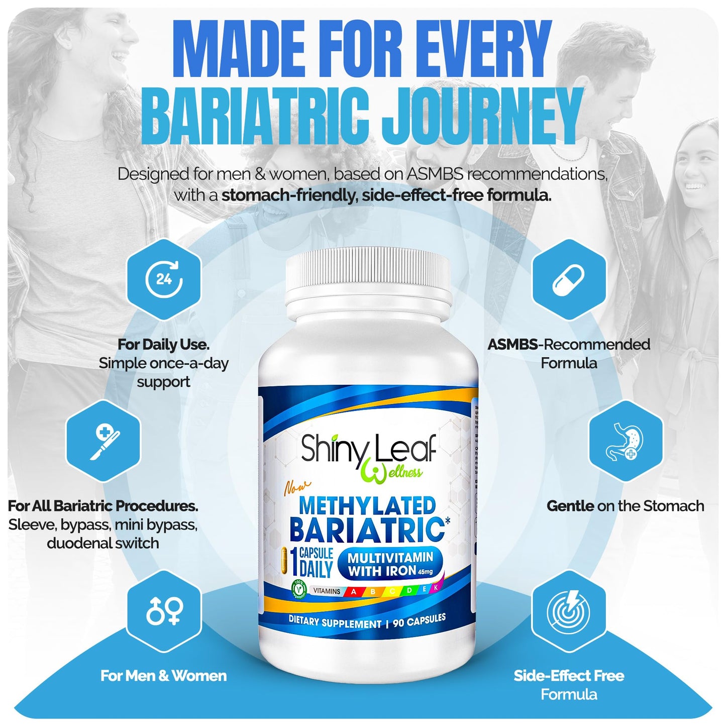 Shiny Leaf Methylated Bariatric Multivitamin with Iron 45mg – 90 Count (USA Made) – ASMBS Compliant