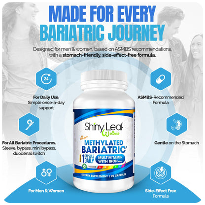 Shiny Leaf Methylated Bariatric Multivitamin with Iron 45mg – 90 Count (USA Made) – ASMBS Compliant