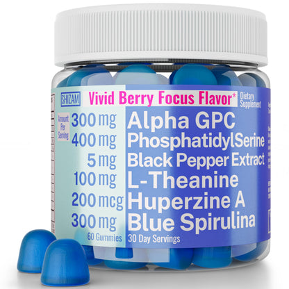 SHIZAM 6-in-1 Brain Gummies – Alpha-GPC, Huperzine A, L-Theanine, Phosphatidylserine, Blue Spirulina