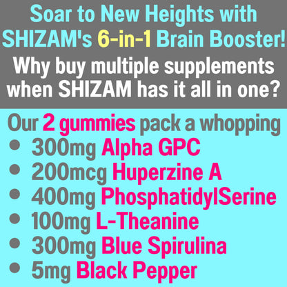 SHIZAM 6-in-1 Brain Gummies – Alpha-GPC, Huperzine A, L-Theanine, Phosphatidylserine, Blue Spirulina
