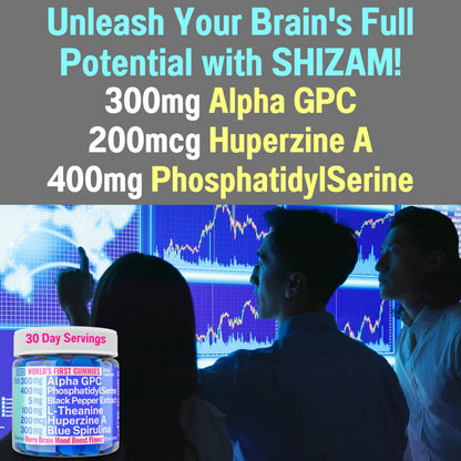 SHIZAM 6-in-1 Brain Gummies – Alpha-GPC, Huperzine A, L-Theanine, Phosphatidylserine, Blue Spirulina