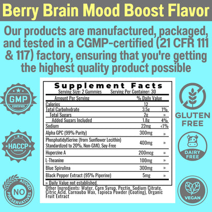 SHIZAM 6-in-1 Brain Gummies – Alpha-GPC, Huperzine A, L-Theanine, Phosphatidylserine, Blue Spirulina