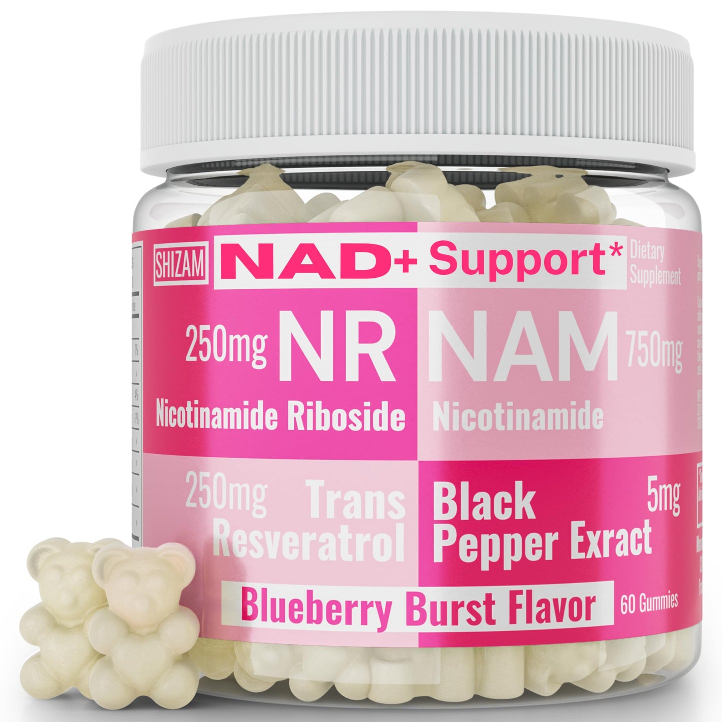 SHIZAM Nicotinamide Riboside NR NAM Resveratrol Gummies – NAD+ Boost (1000mg) with Niacinamide B3