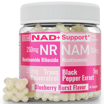 SHIZAM Nicotinamide Riboside NR NAM Resveratrol Gummies – NAD+ Boost (1000mg) with Niacinamide B3