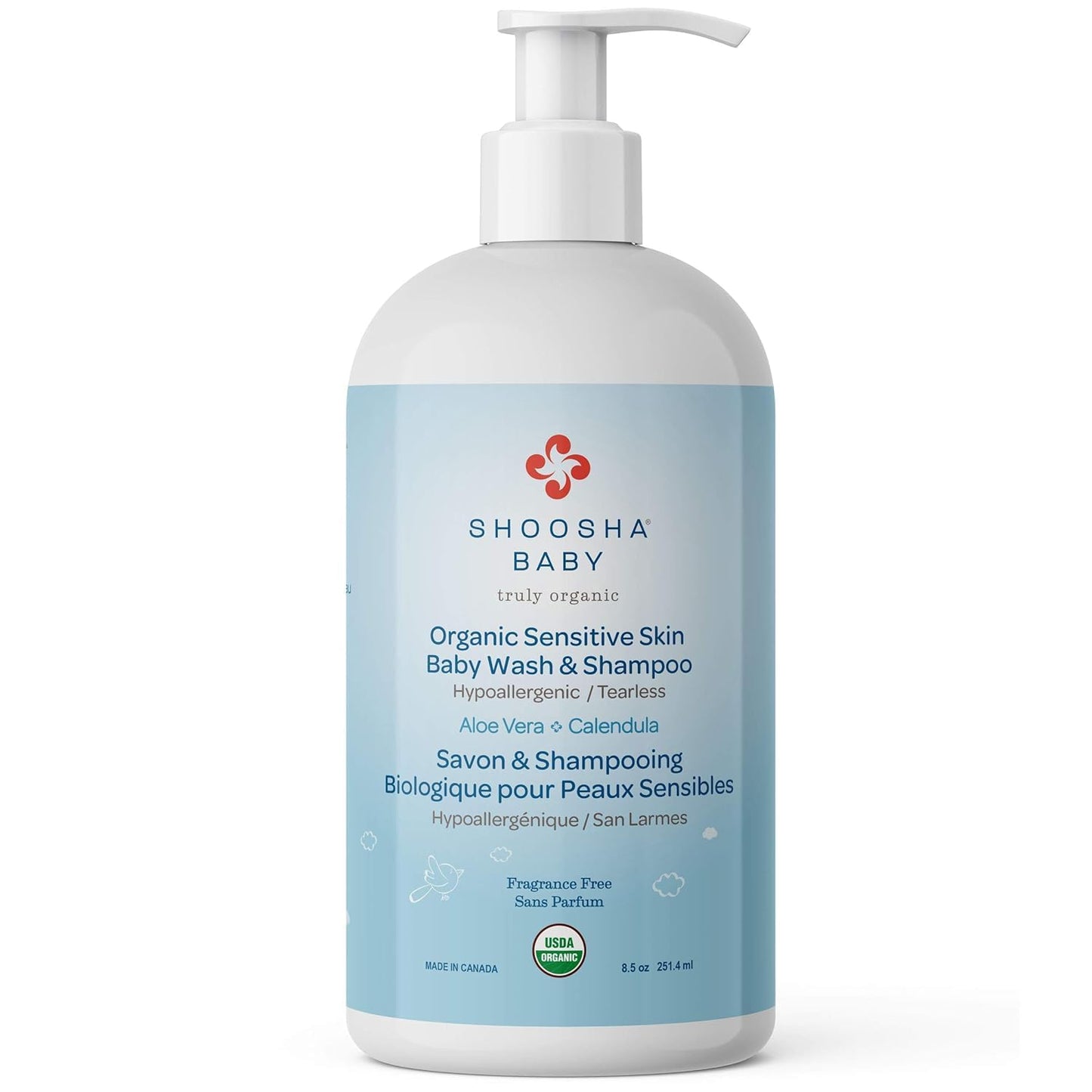 Shoosha Organic Sensitive Skin Baby Body Wash and Shampoo - 8.5oz, Hypoallergenic, Tear Free