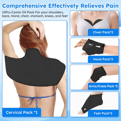 Castor Oil Pack Wrap Kit – 10 Pcs Reusable Organic Cotton with Adjustable Straps (Black)