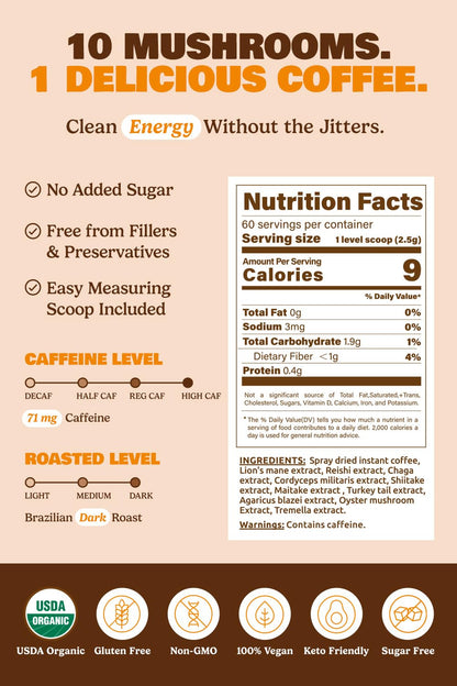 10-in-1 USDA Organic Mushroom Coffee Instant | Brazilian Dark Roast | 60 Servings | ShroomDNA