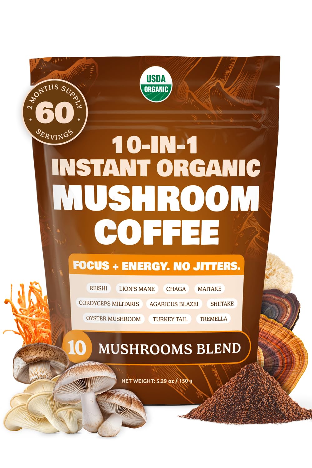 10-in-1 USDA Organic Mushroom Coffee Instant | Brazilian Dark Roast | 60 Servings | ShroomDNA