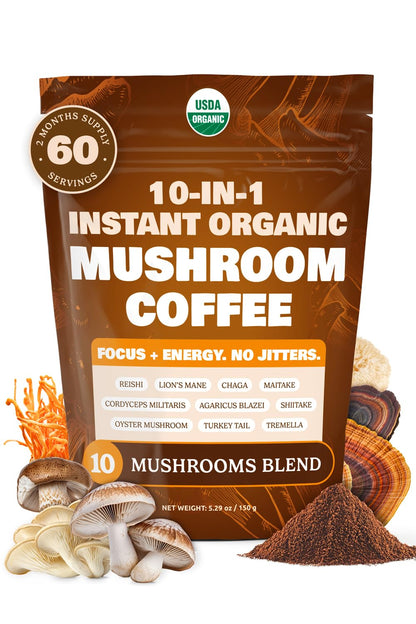 10-in-1 USDA Organic Mushroom Coffee Instant | Brazilian Dark Roast | 60 Servings | ShroomDNA