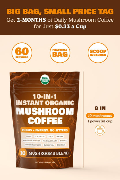 10-in-1 USDA Organic Mushroom Coffee Instant | Brazilian Dark Roast | 60 Servings | ShroomDNA