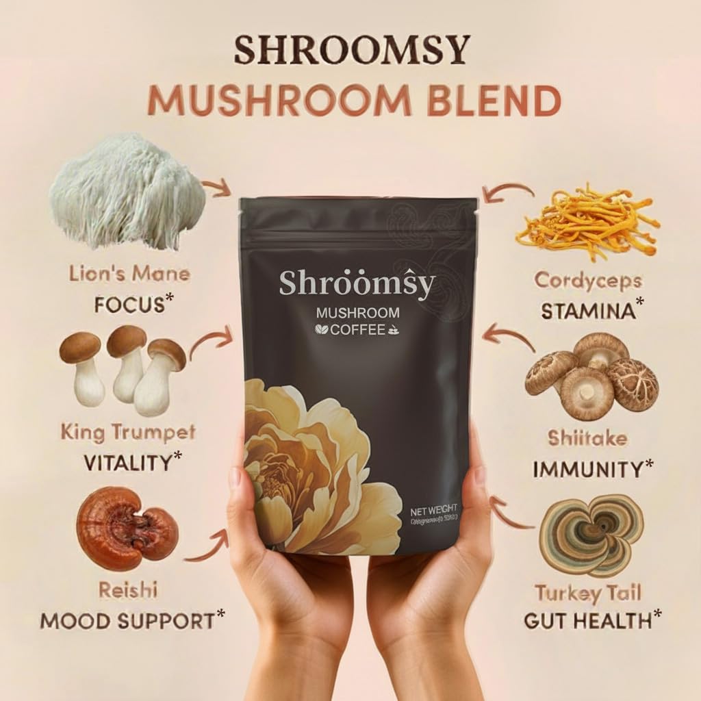 SHROOMSY Mushroom Coffee – 6-Mushroom Superblend with MCT Oil & Coconut Milk