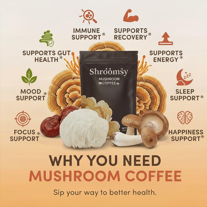 SHROOMSY Mushroom Coffee – 6-Mushroom Superblend with MCT Oil & Coconut Milk