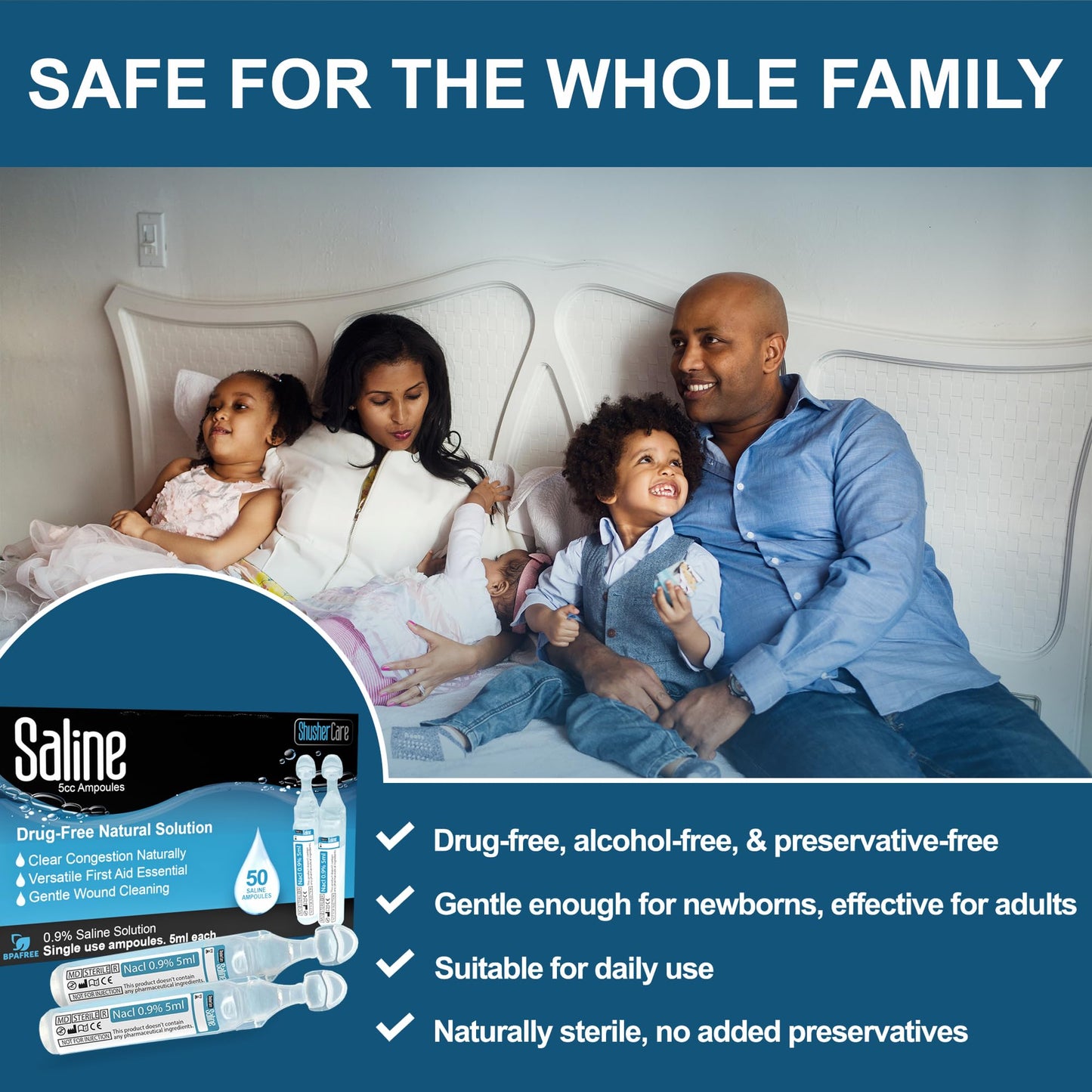 Shusher Care Saline Ampoules 0.9% – Nebulizer, Nasal Care & Wound Cleaning (50 Count, 5ml)