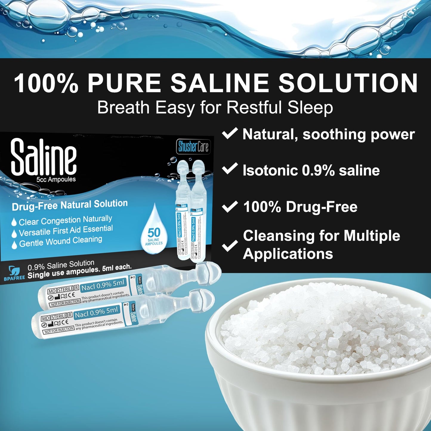Shusher Care Saline Ampoules 0.9% – Nebulizer, Nasal Care & Wound Cleaning (50 Count, 5ml)