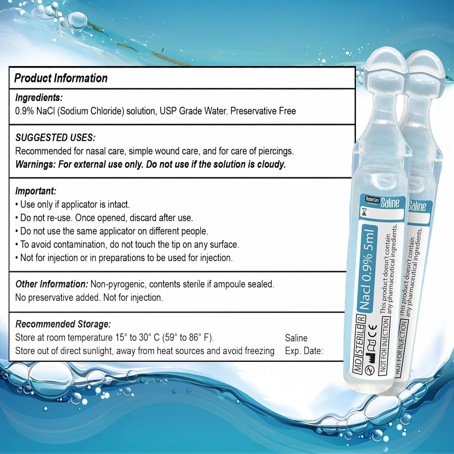 Shusher Care Saline Ampoules 0.9% – Nebulizer, Nasal Care & Wound Cleaning (50 Count, 5ml)