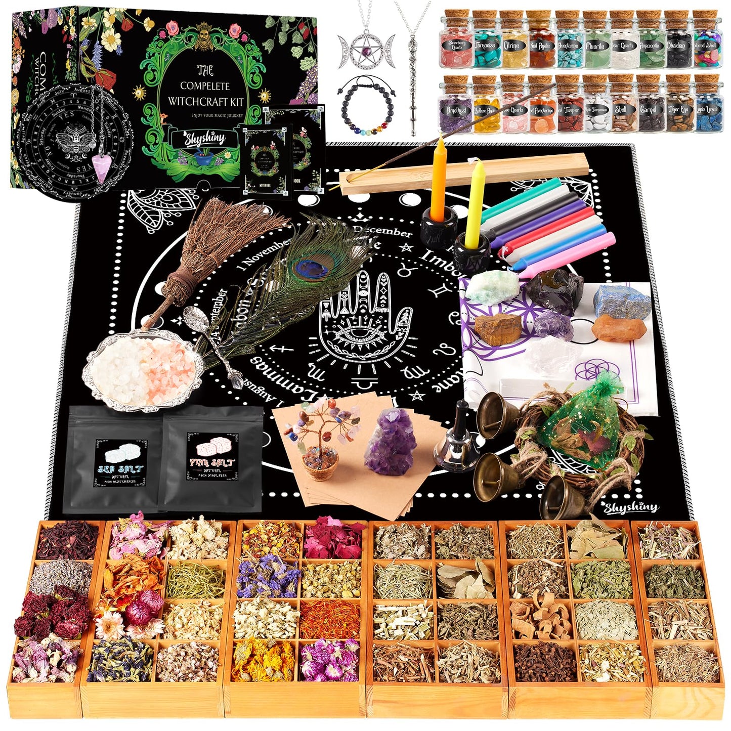 SHYSHINY Witchcraft Supplies Kit – 150-Pack Wiccan Tools, Dried Herbs & Crystals