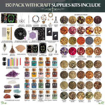 SHYSHINY Witchcraft Supplies Kit – 150-Pack Wiccan Tools, Dried Herbs & Crystals