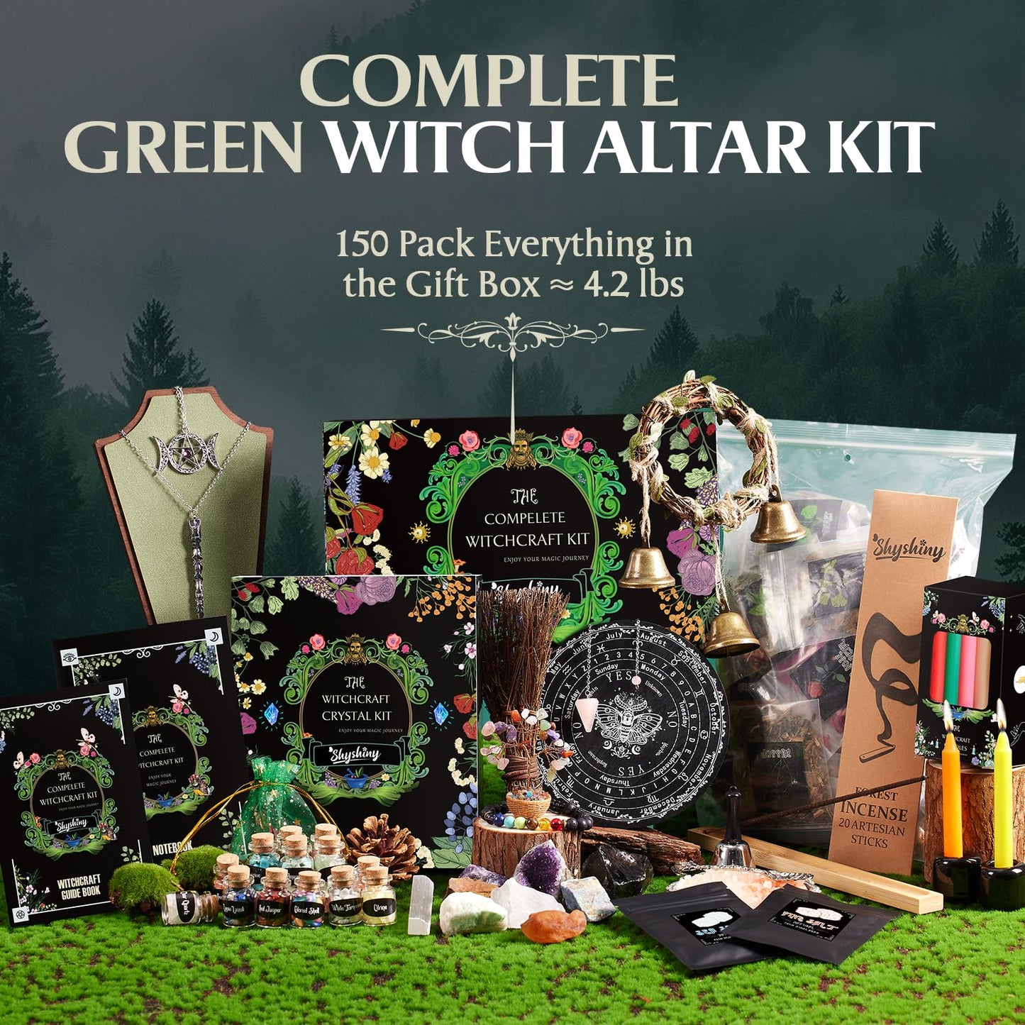 SHYSHINY Witchcraft Supplies Kit – 150-Pack Wiccan Tools, Dried Herbs & Crystals