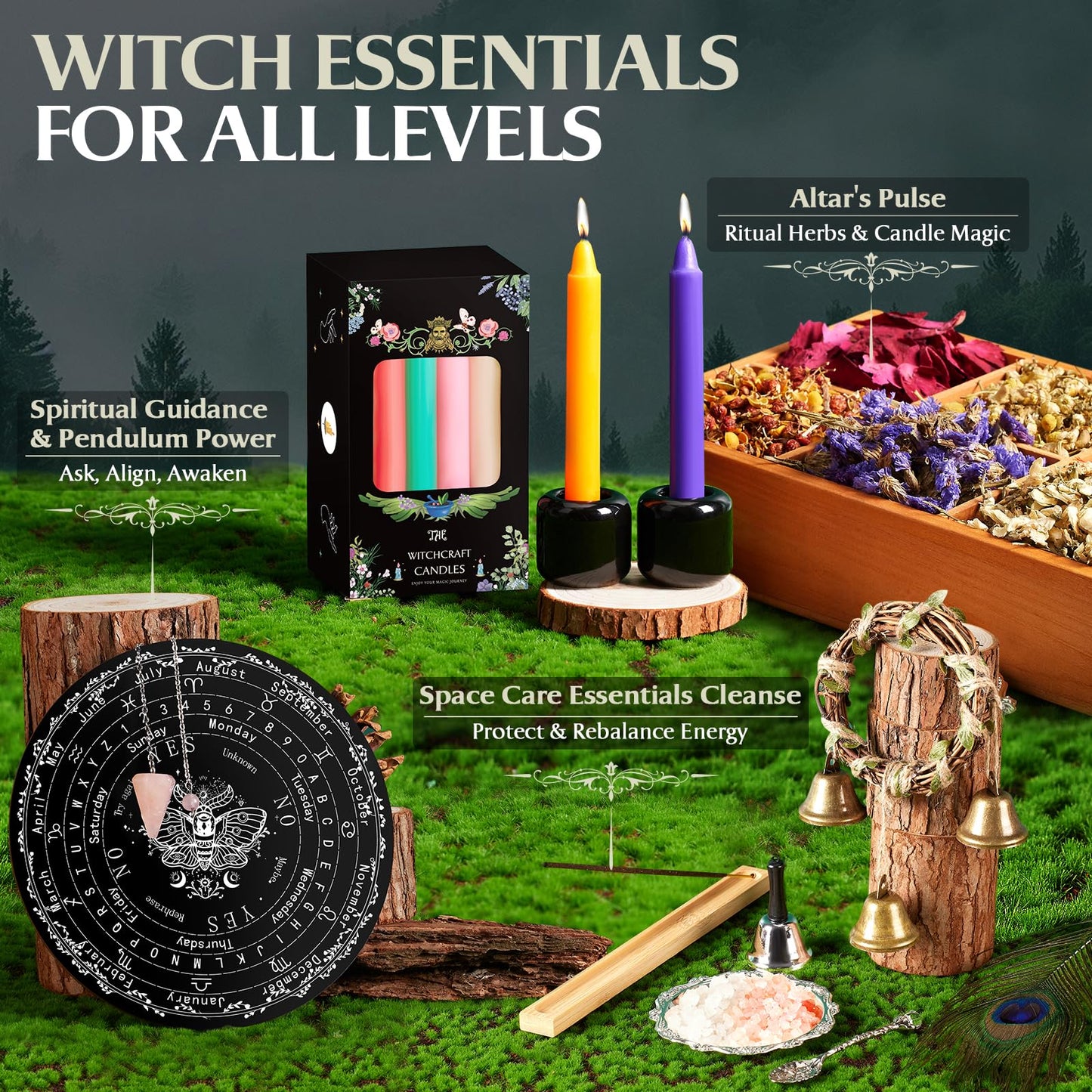 SHYSHINY Witchcraft Supplies Kit – 150-Pack Wiccan Tools, Dried Herbs & Crystals