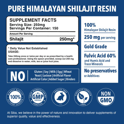 Siba Pure Himalayan Shilajit Resin 250mg – Triple Purified, 85+ Minerals & 70% Fulvic Acid