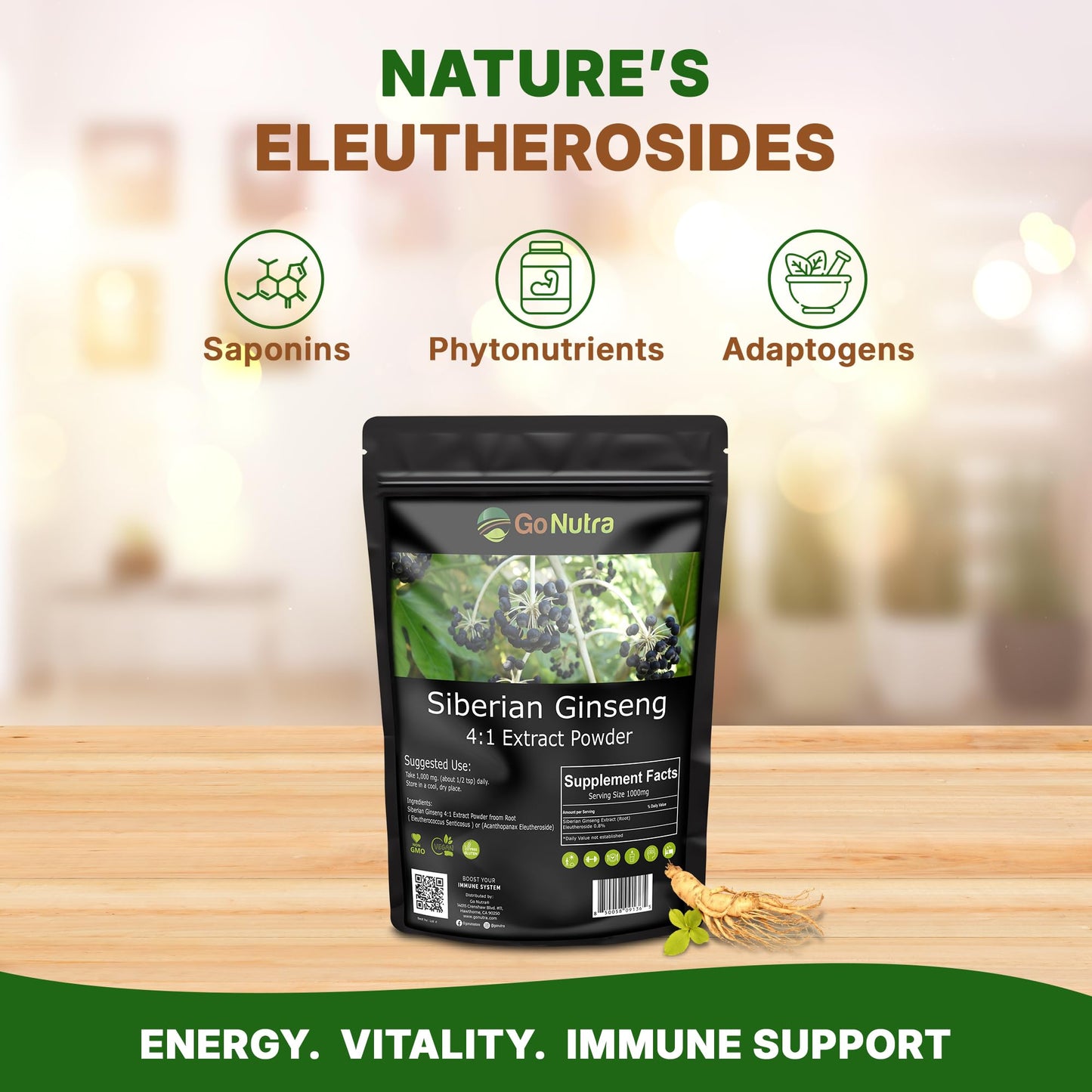 Go Nutra Siberian Ginseng - Eleuthero Root Powder 4:1 Extract | Energy & Stamina | Non-GMO | 4 oz
