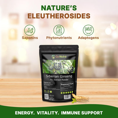 Go Nutra Siberian Ginseng - Eleuthero Root Powder 4:1 Extract | Energy & Stamina | Non-GMO | 4 oz