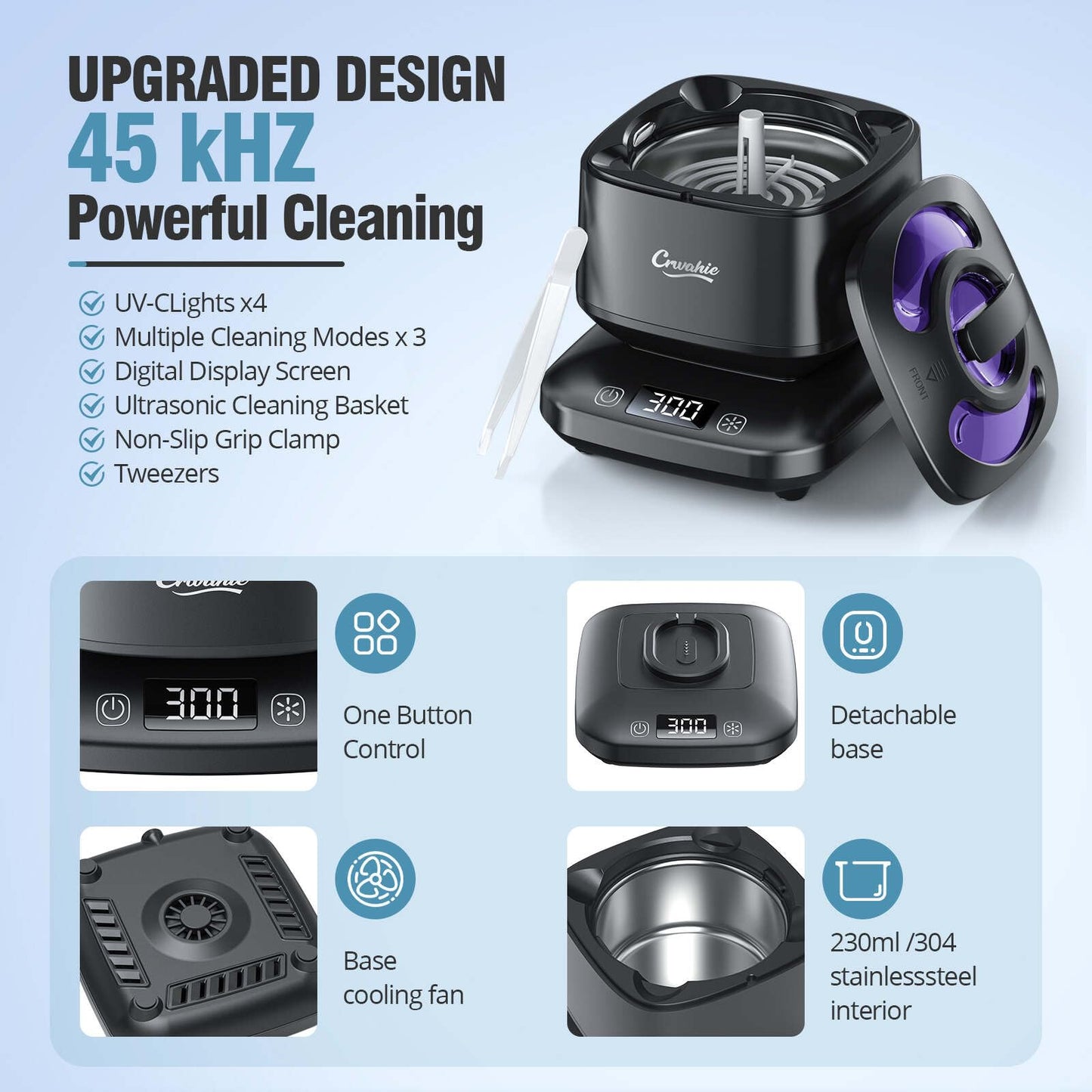 Ultrasonic Retainer Cleaner 45kHz - 3 Modes, Visible Window, Digital Timer - Black
