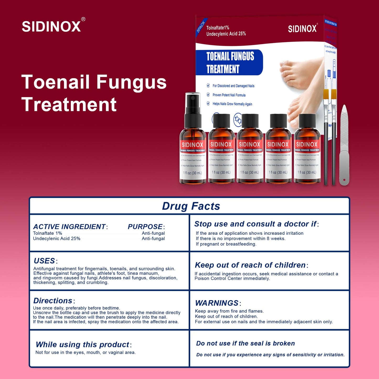 Sidinox Toenail Fungus Treatment Extra Strength with 25% Undecylenic Acid — 5 Pack