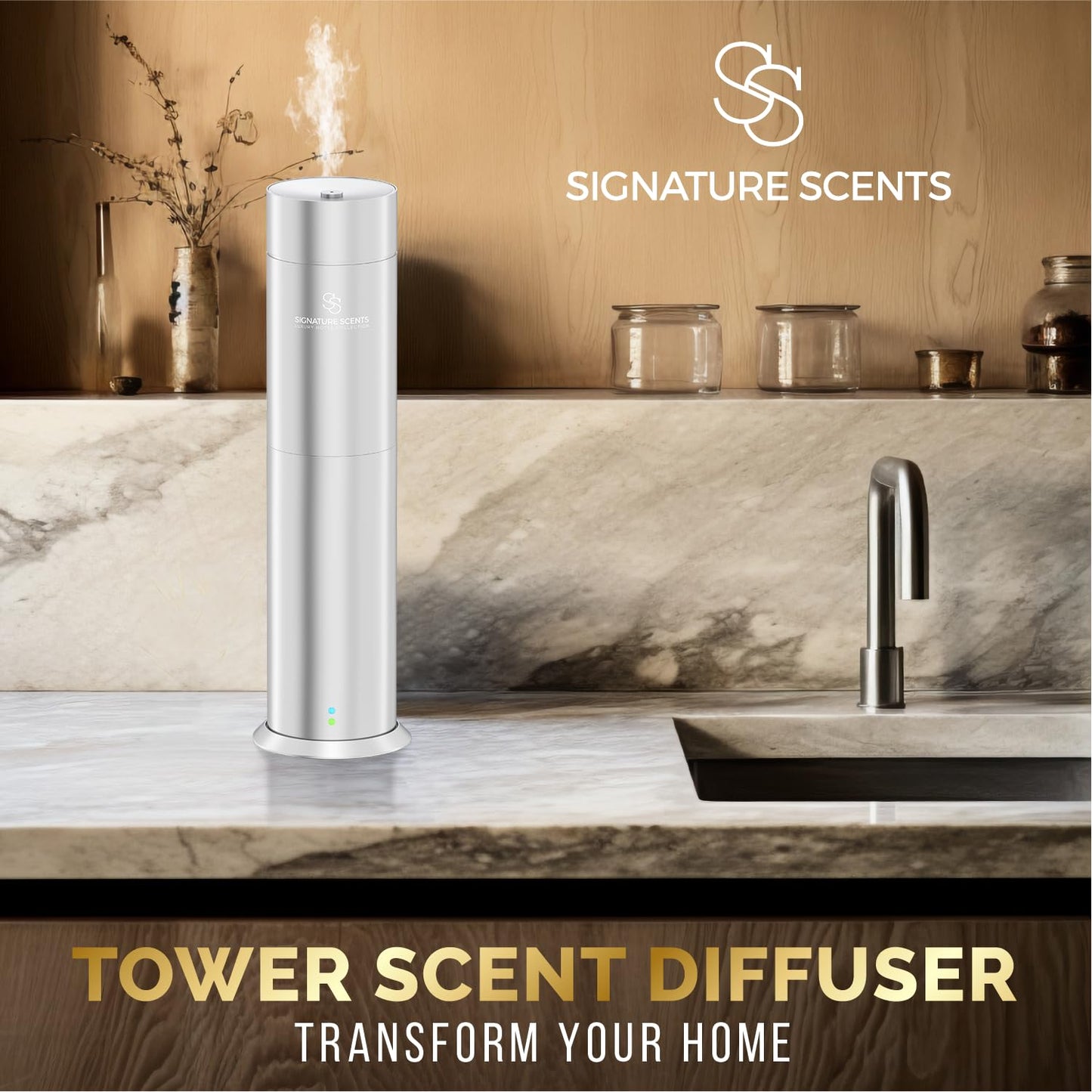 Signature Scents Luxury Waterless Diffuser – Bluetooth Control, 1000 sq ft (Silver)