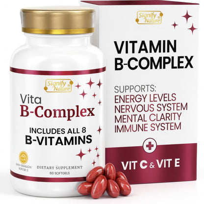 SIGNIFY NATURE VitaBComplex with Vitamin C & E – B Complex Vitamins for Women & Men, 60 Softgels