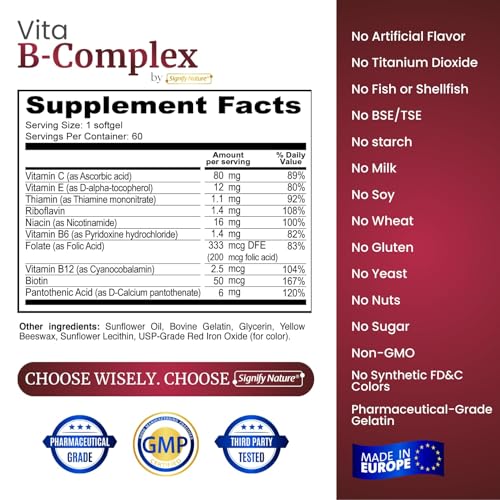 SIGNIFY NATURE VitaBComplex with Vitamin C & E – B Complex Vitamins for Women & Men, 60 Softgels