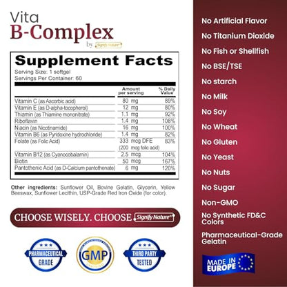 SIGNIFY NATURE VitaBComplex with Vitamin C & E – B Complex Vitamins for Women & Men, 60 Softgels