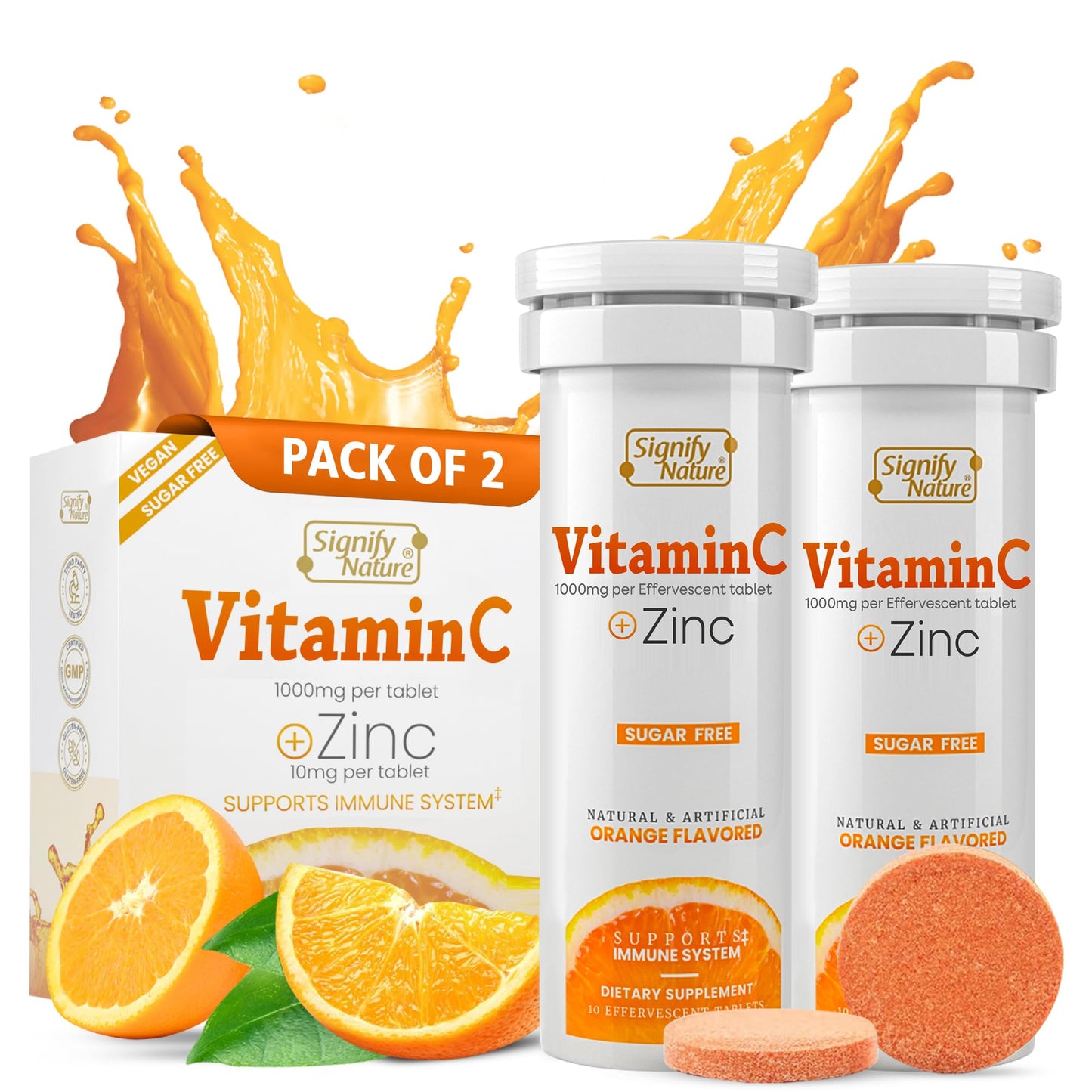 Signify Nature Vitamin C 1000mg Effervescent Tablets with Zinc - Sugar-Free & Vegan - 20 Count