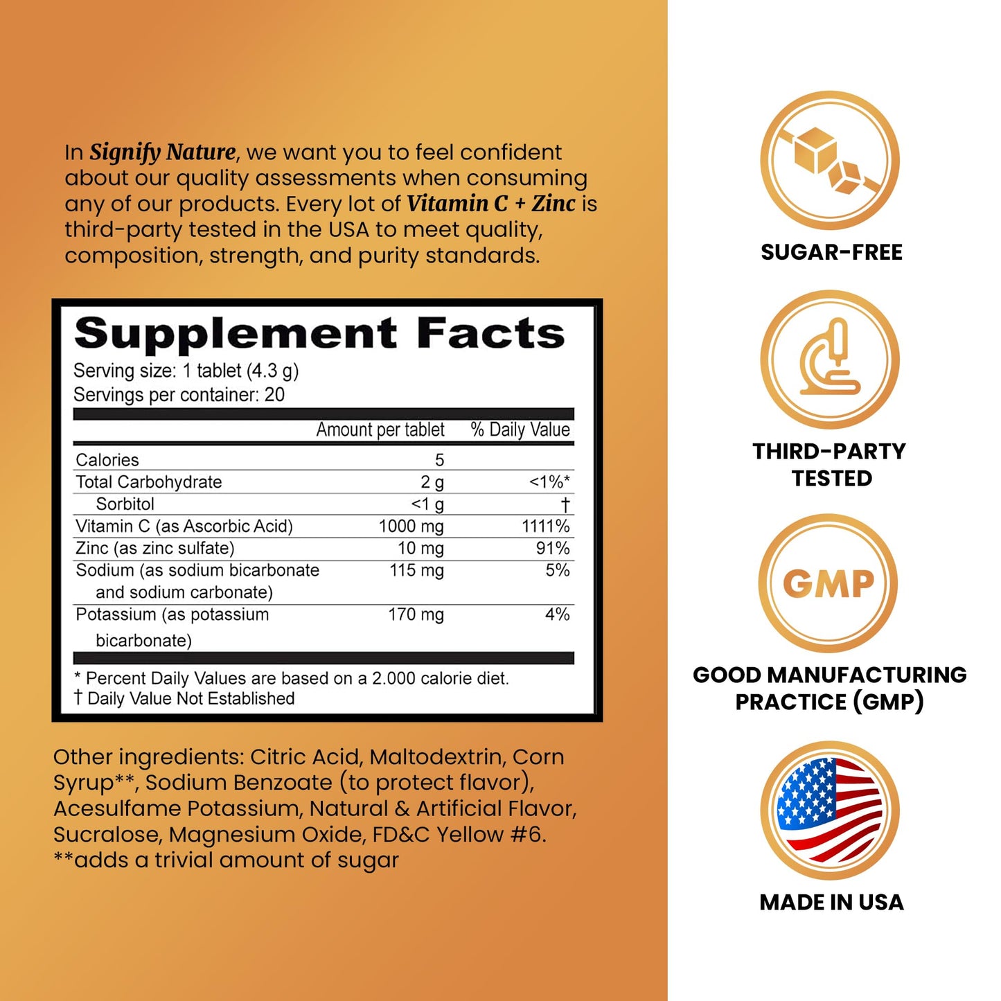Signify Nature Vitamin C 1000mg Effervescent Tablets with Zinc - Sugar-Free & Vegan - 20 Count