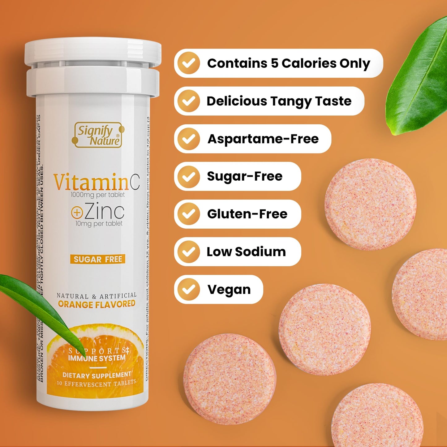 Signify Nature Vitamin C 1000mg Effervescent Tablets with Zinc - Sugar-Free & Vegan - 20 Count