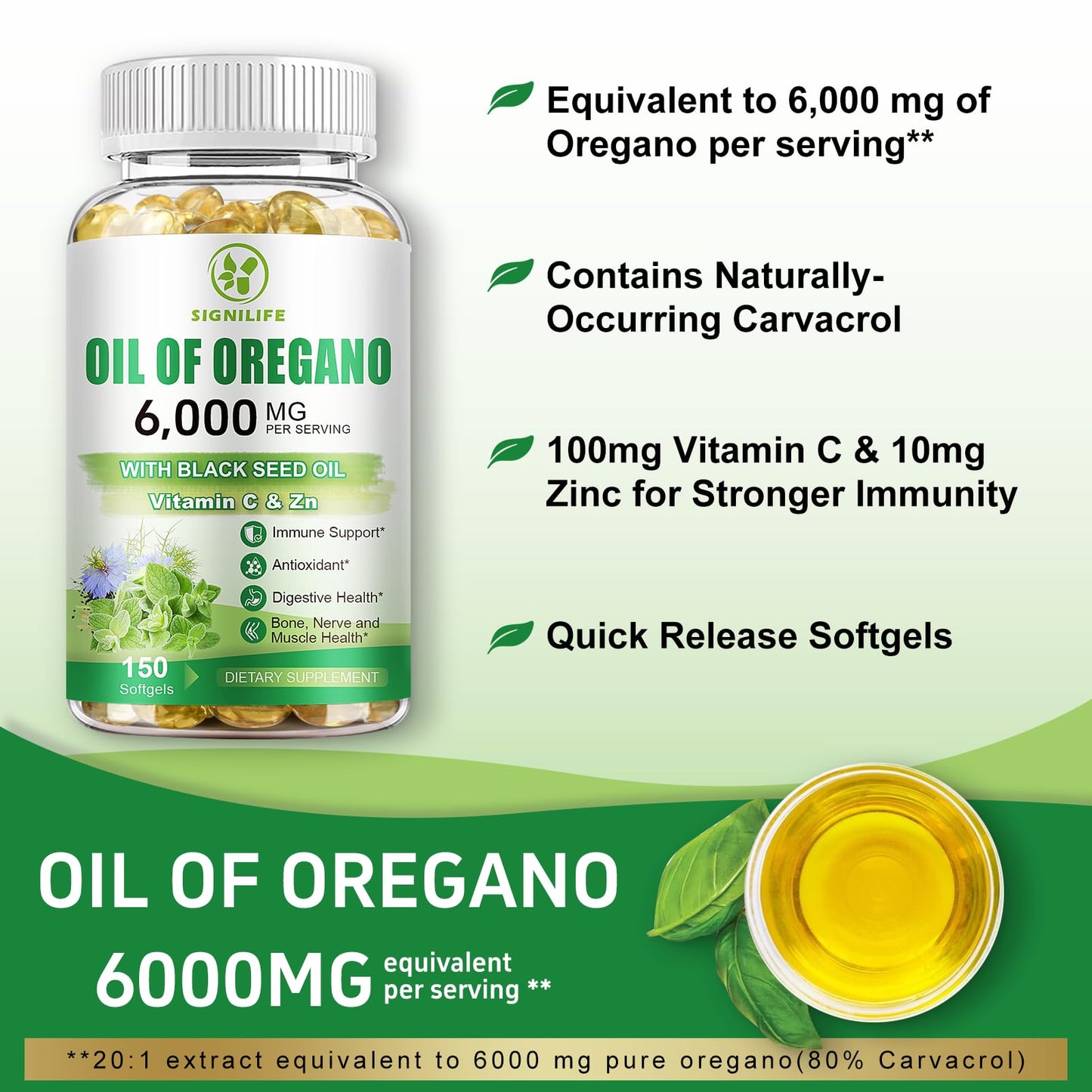 SIGNILIFE Oil of Oregano with Black Seed Oil - 6000mg, 150 Softgels for Immune Support