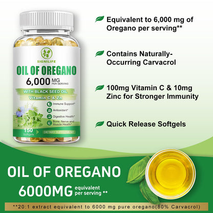 SIGNILIFE Oil of Oregano with Black Seed Oil - 6000mg, 150 Softgels for Immune Support