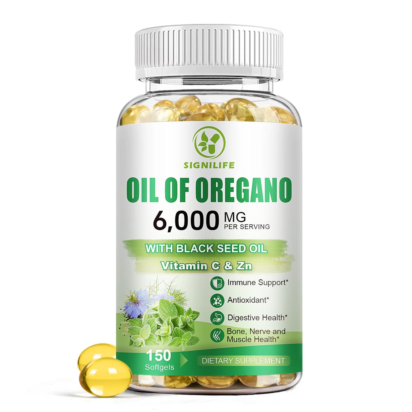 SIGNILIFE Oil of Oregano with Black Seed Oil - 6000mg, 150 Softgels for Immune Support