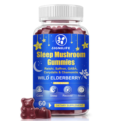 SIGNILIFE Sleep Mushroom Gummies with Reishi & Lions Mane – Natural Sleep Aid, Elderberry Flavor, Non-GMO, No Sugar, 60 Count