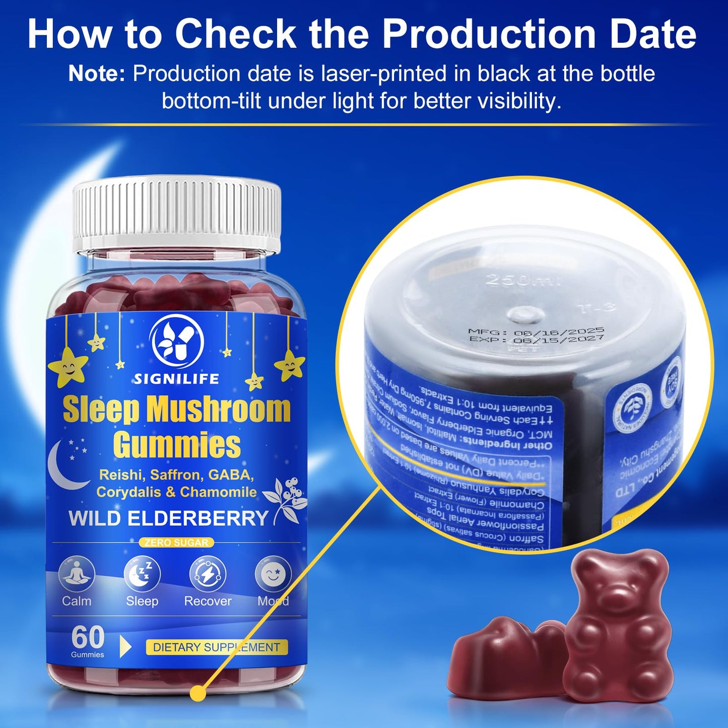 SIGNILIFE Sleep Mushroom Gummies with Reishi & Lions Mane – Natural Sleep Aid, Elderberry Flavor, Non-GMO, No Sugar, 60 Count