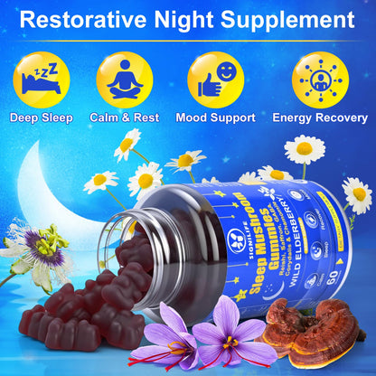 SIGNILIFE Sleep Mushroom Gummies with Reishi & Lions Mane – Natural Sleep Aid, Elderberry Flavor, Non-GMO, No Sugar, 60 Count