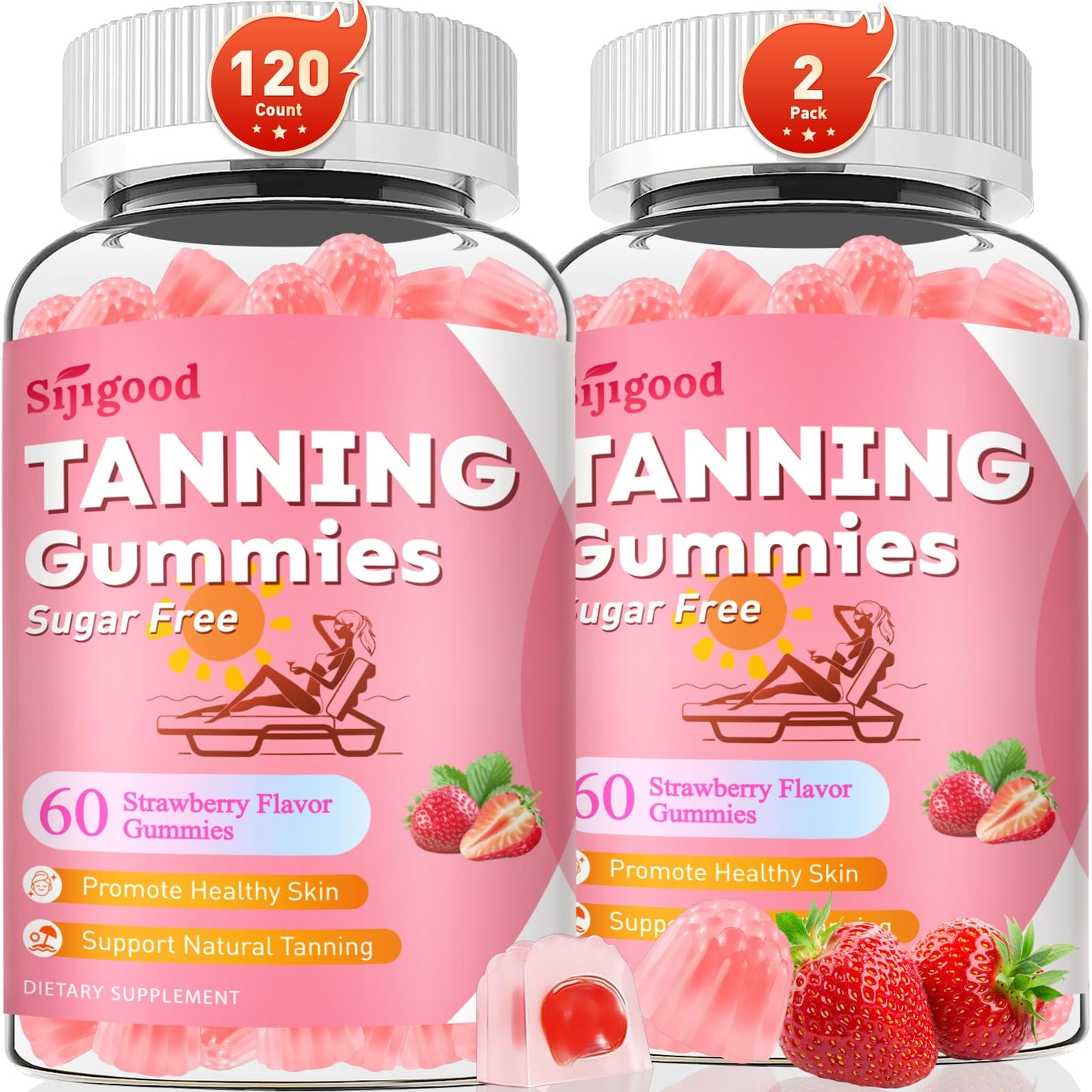 SijiGood 2 Pack Tanning Gummies – Sugar Free Self Tan, Strawberry, 120 Count