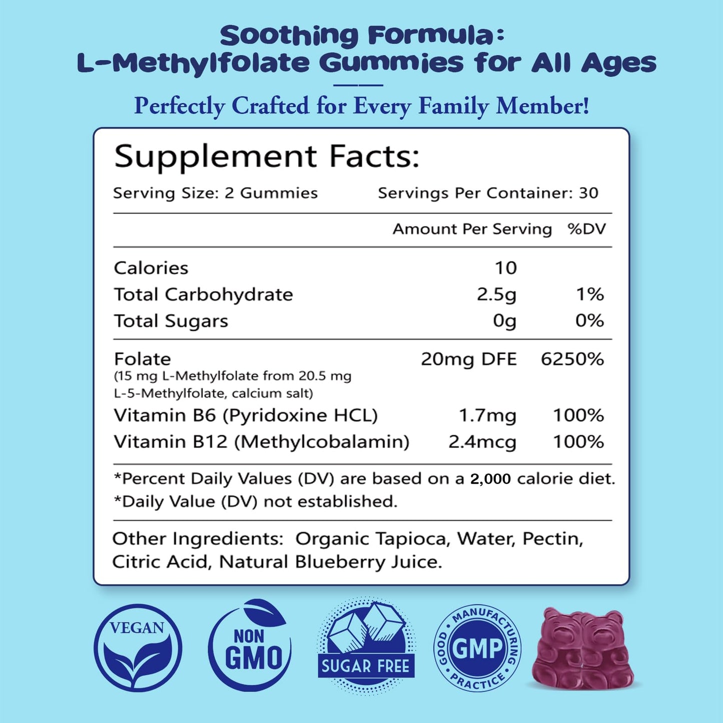 2 Pack Sijigood L-Methylfolate Gummies with Methyl B12 - Blueberry Flavor 120 Count