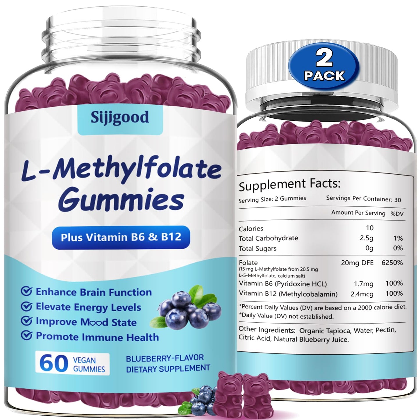 2 Pack Sijigood L-Methylfolate Gummies with Methyl B12 - Blueberry Flavor 120 Count