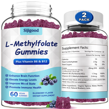 2 Pack Sijigood L-Methylfolate Gummies with Methyl B12 - Blueberry Flavor 120 Count