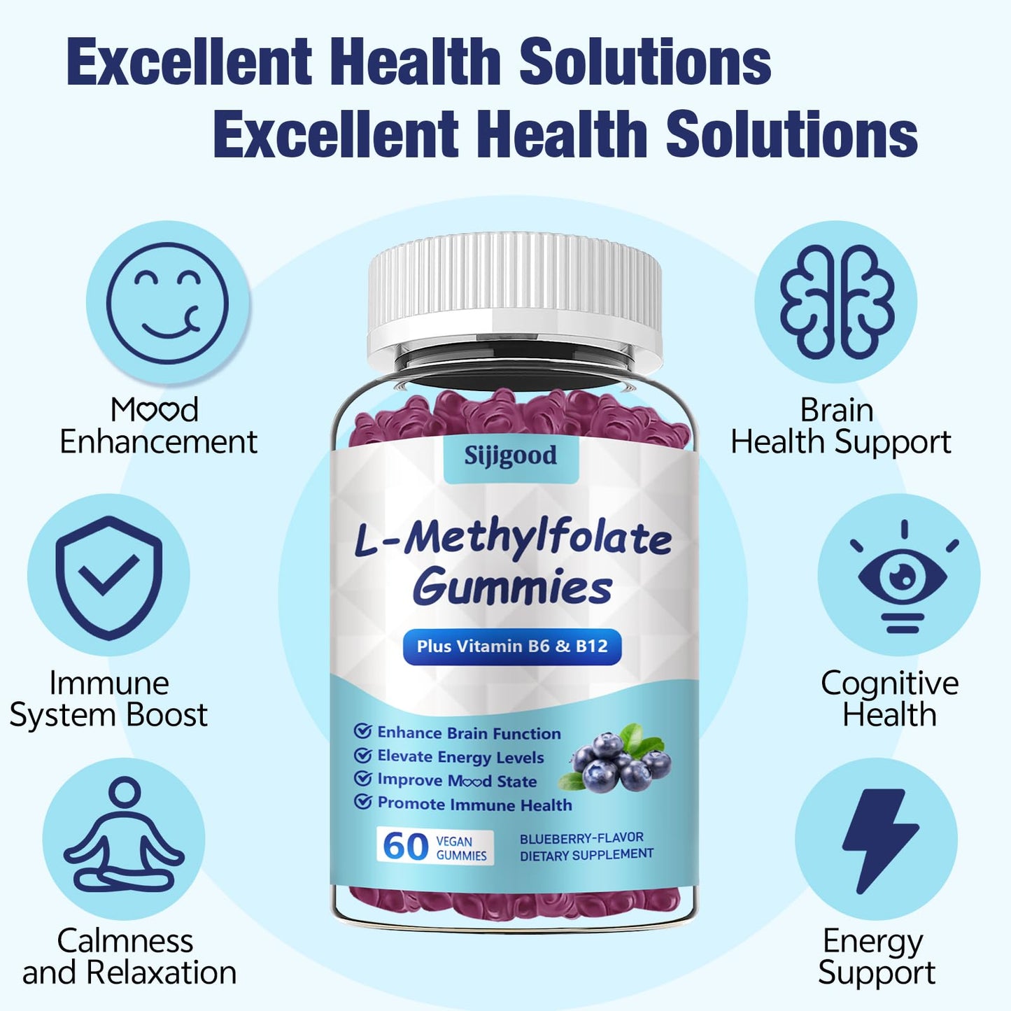 2 Pack Sijigood L-Methylfolate Gummies with Methyl B12 - Blueberry Flavor 120 Count