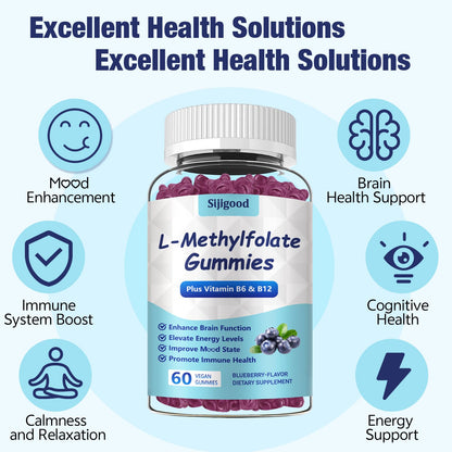 2 Pack Sijigood L-Methylfolate Gummies with Methyl B12 - Blueberry Flavor 120 Count