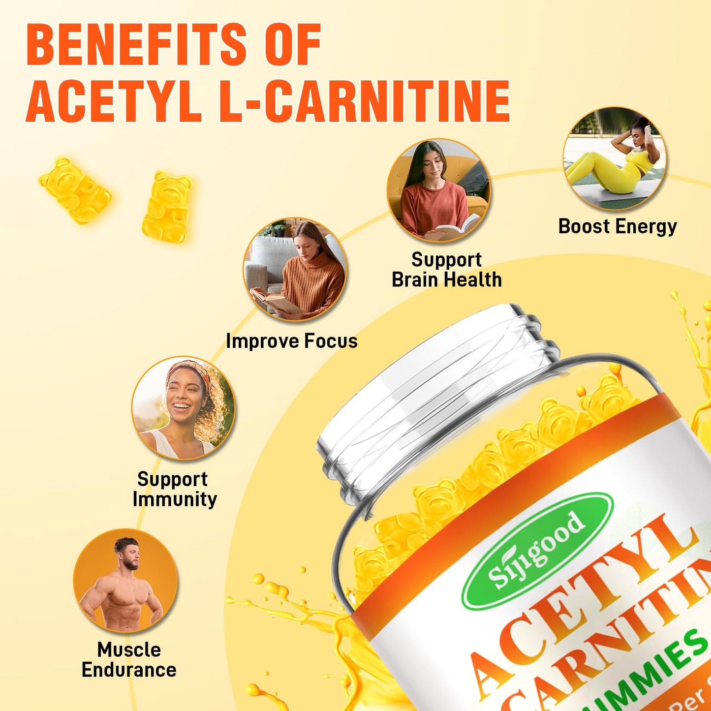 Sijigood 2 Pack Acetyl L-Carnitine Gummies – Energy, Focus & Immune Support (Mango Flavor, 120 Count)